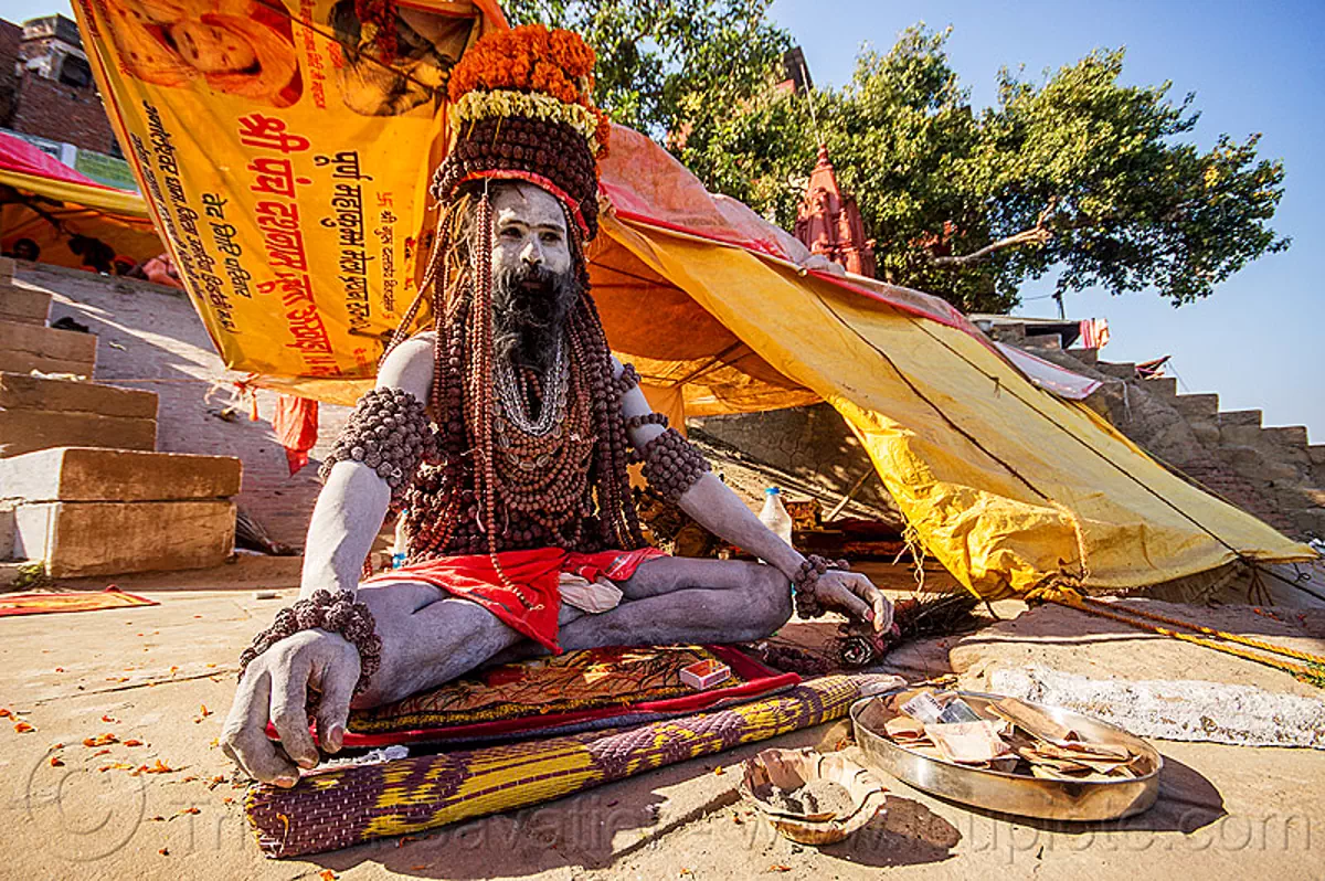 sadhu sitting crossed-legged on the ghats of varanasi (india), baba, bank-notes, beard, cross-legged, ghats, hindu man, hinduism, holy ash, money, naga babas, naga sadhus, offerings, rudraksha beads, sacred ash, sadhu, sitting, tarps, varanasi, vibhuti, yellow