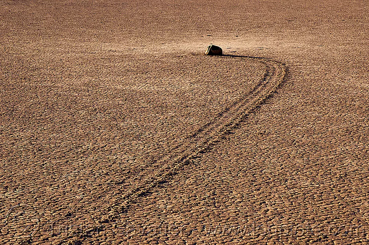 sailing stone on the racetrack - death valley, cracked mud, death valley, dry lake, dry mud, racetrack playa, sailing stone, sliding rock