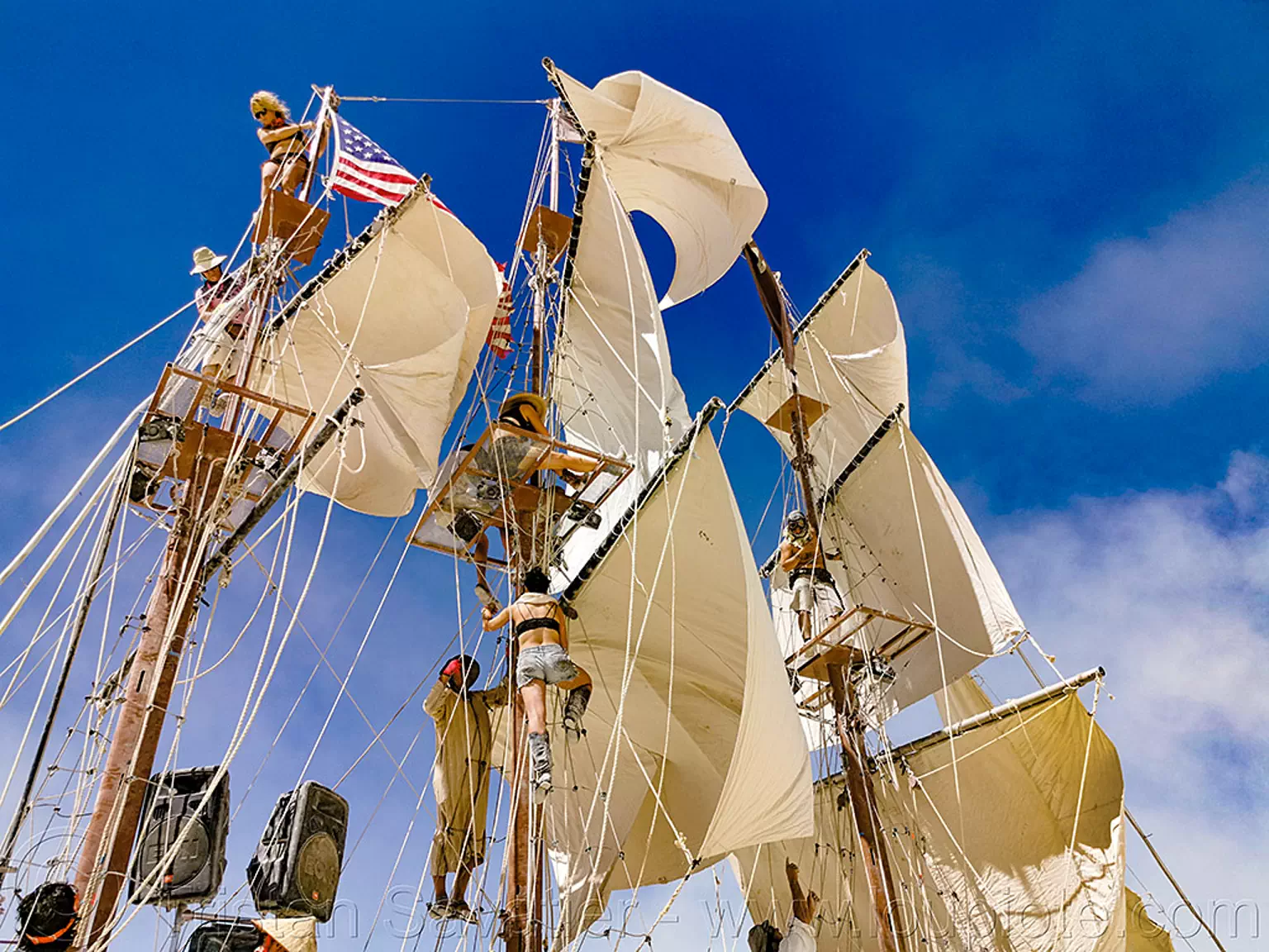 sails of art ship monaco - burning man 2019, art car, art ship monaco, burning man, masts, mutant vehicles, sail ship, sails, tall ship