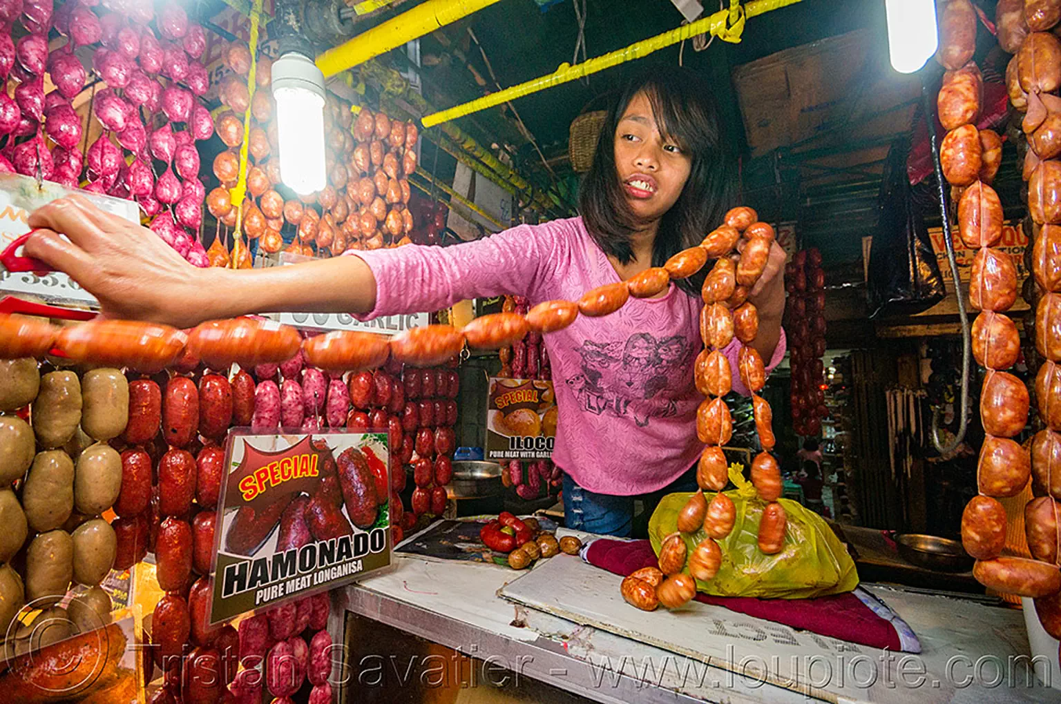 sausage links - sausage shop in baguio (philippines), baguio, links, merchant, philippines, sausages, shop, stall, vendor, woman