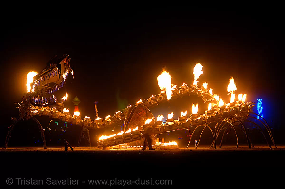 serpent mother - giant snake skeleton fire sculpture - burning-man 2006, burning man, fire, night, sculpture, serpent mother, skeleton, snake