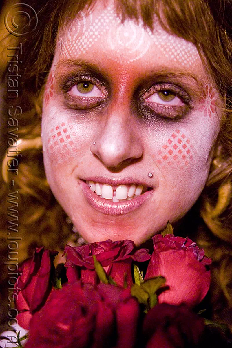 sharon rose - white airbrush stencil face paint - red roses - girl - dia de los muertos - halloween (san francisco), airbrush stencil, day of the dead, dia de los muertos, face painting, facepaint, halloween, makeup, night, sharon rose, woman