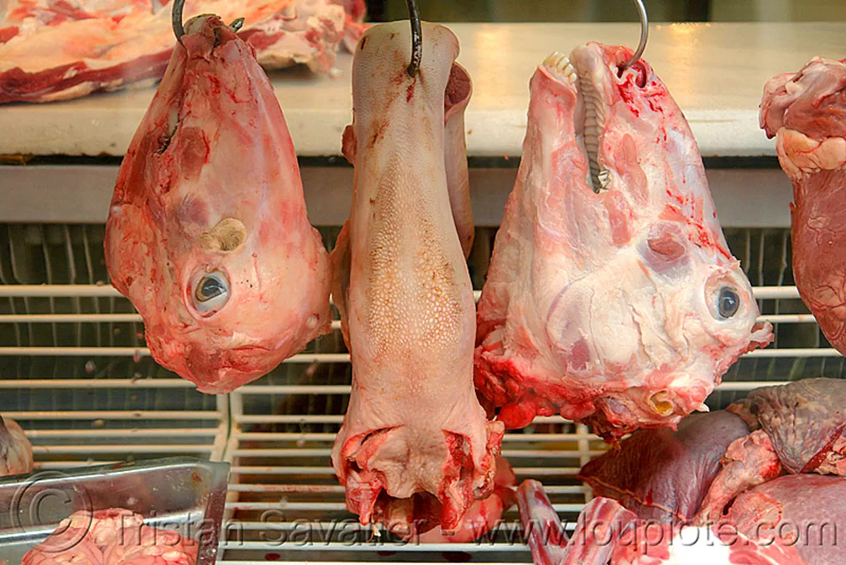 skinned goat heads and tongue, chevon, goat heads, goat meat, goat tongue, halal meat, hanging, hooks, meat market, meat shop, mutton, raw meat