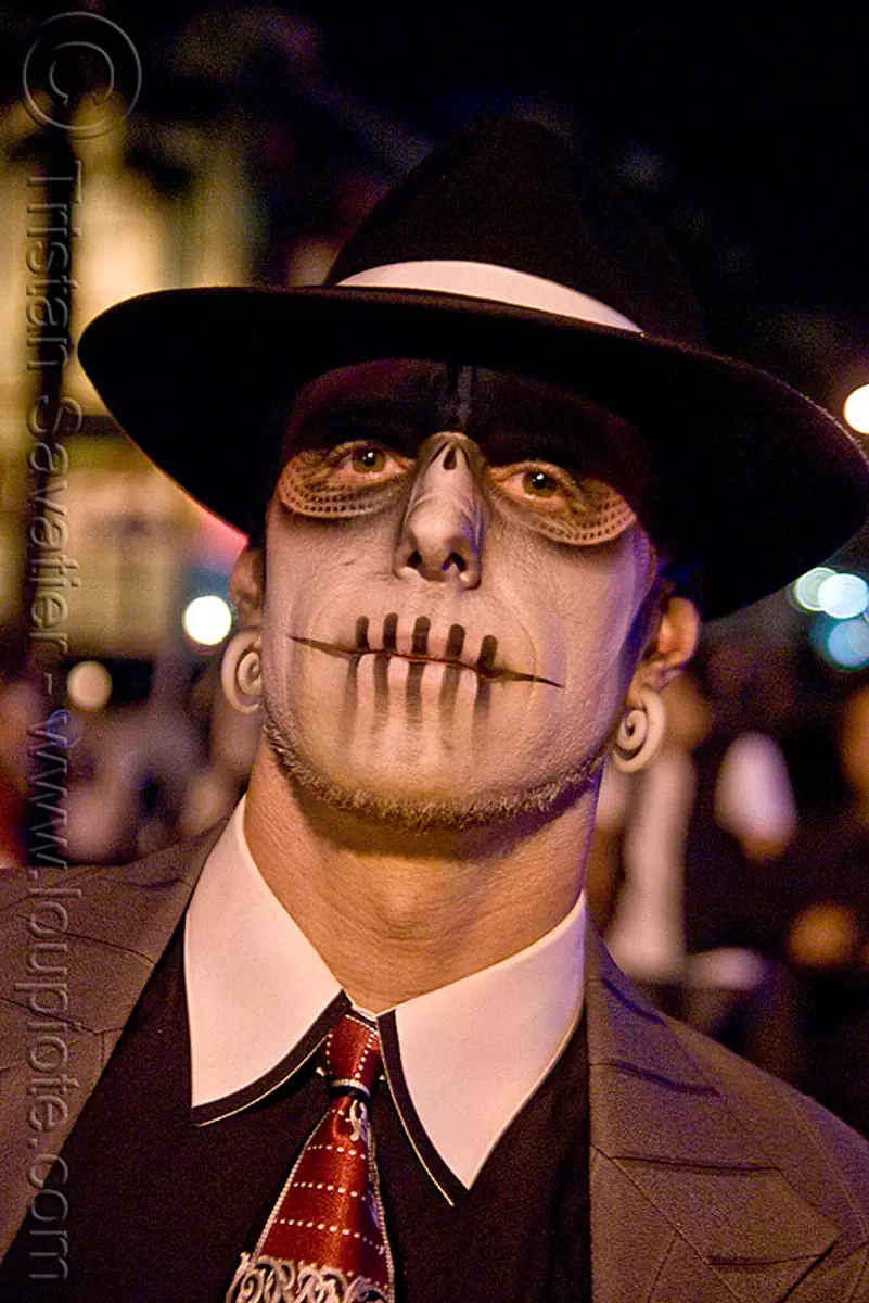 skull makeup, gangster hat, dia de los muertos, halloween, san francisco