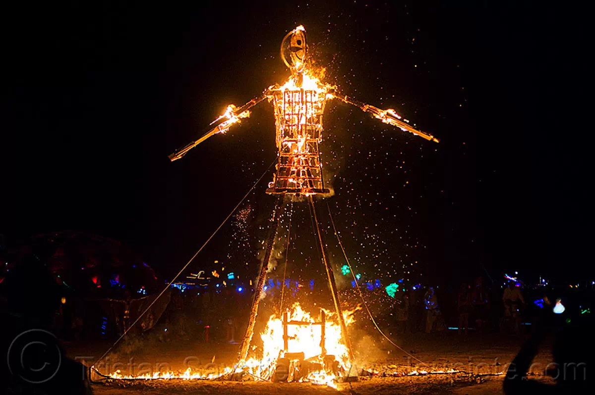 small man effigy burning - burning man 2013, art installation, burning man, fire, night, sculpture