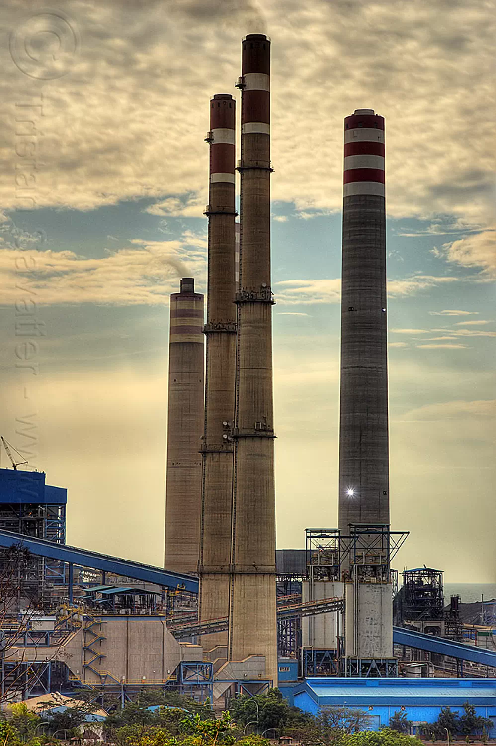 smoke stacks from coal-burning power plant, coal fired, electricity, energy, environment, factory, indonesia, paiton complex, pollution, power generation, power station, smoke stacks