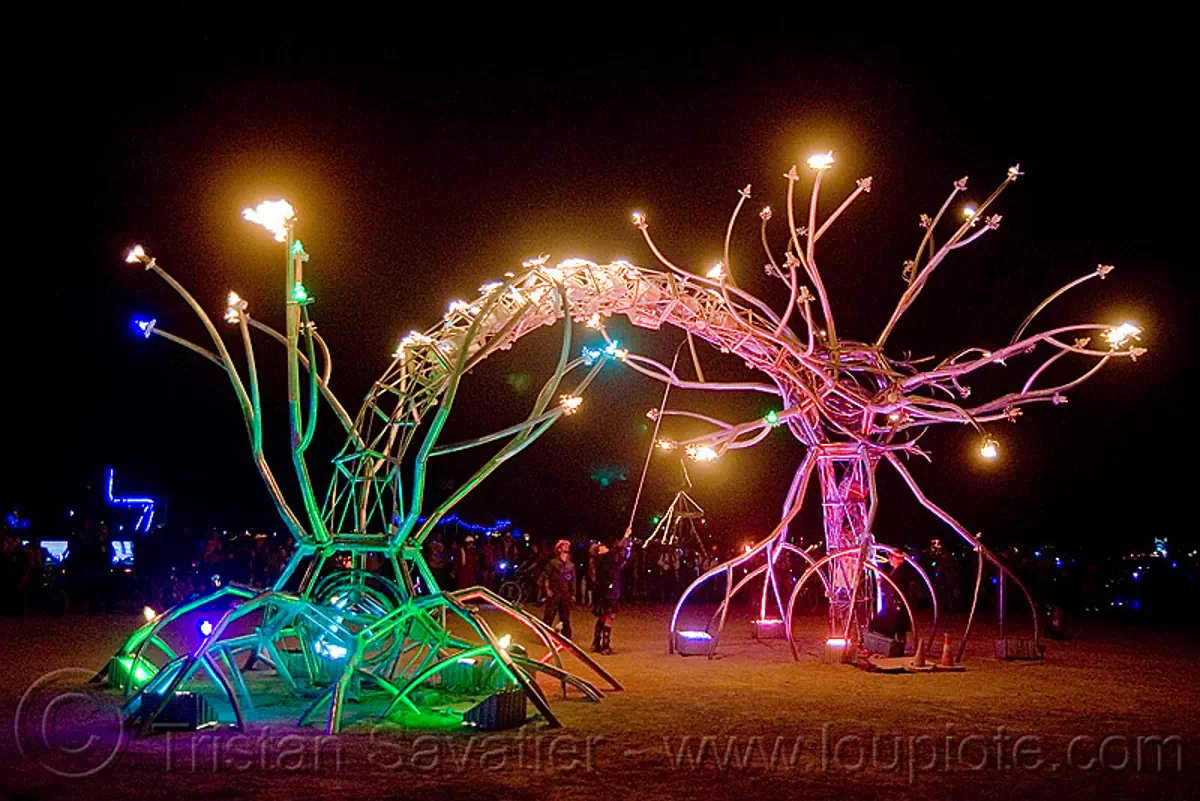soma - giant neurone by the flaming lotus girls - burning man 2009, art installation, burning man, dendrites, glowing, neurone, night, soma