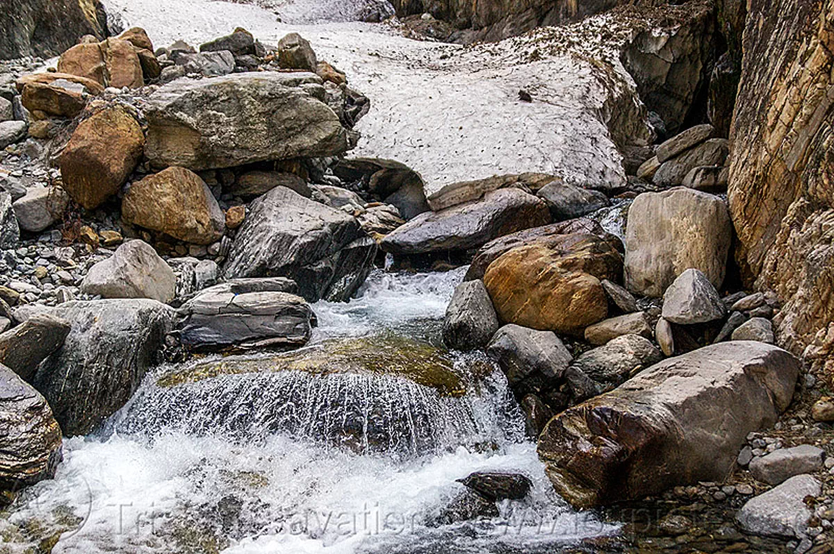 the springs of the yamuna river near yamunotri (india), flowing, india, rocks, snow, springs, yamuna river, yamunotri