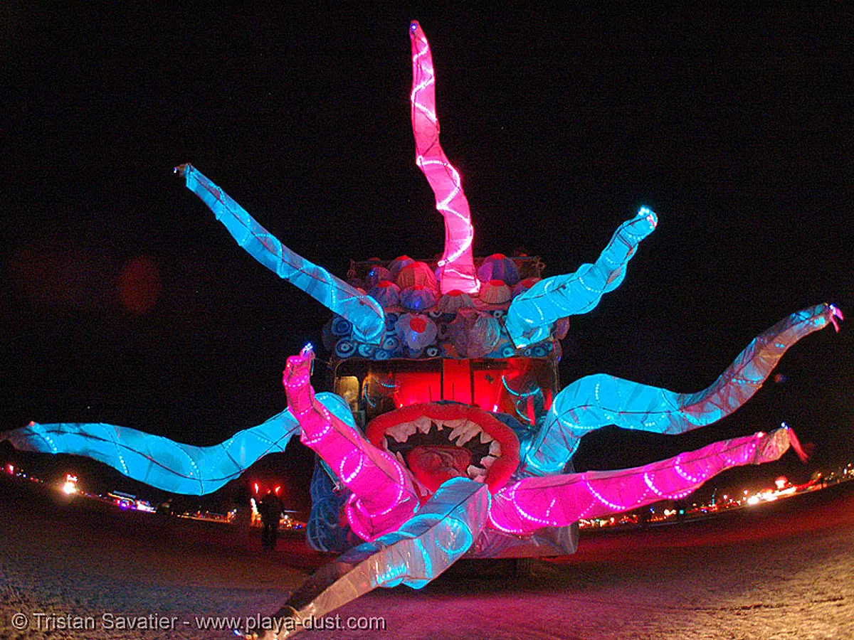 squiddudah - burning-man 2005, burning man, el-wire, electroluminescent wire, flight2mars, glowing, night, squiddudah