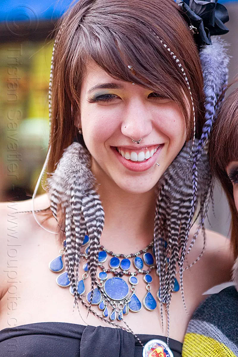 striped feather earrings - ariana francesca, ariana francesca, bindi, blue stone necklace, feather earrings, woman