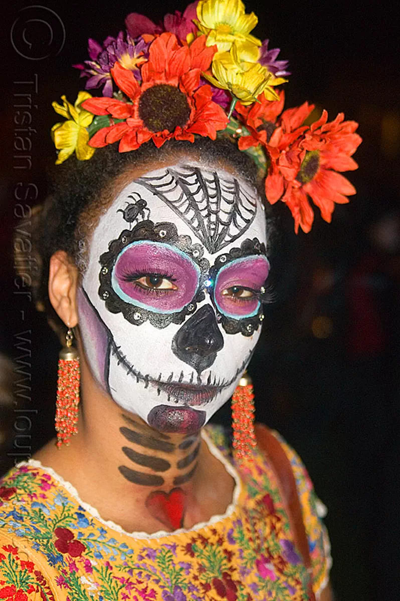 sugar skull makeup - orange and yellow flowers headdress, colorful, day of the dead, dia de los muertos, earrings, face painting, facepaint, flower headdress, halloween, night, orange flowers, sugar skull makeup, woman, yellow flowers