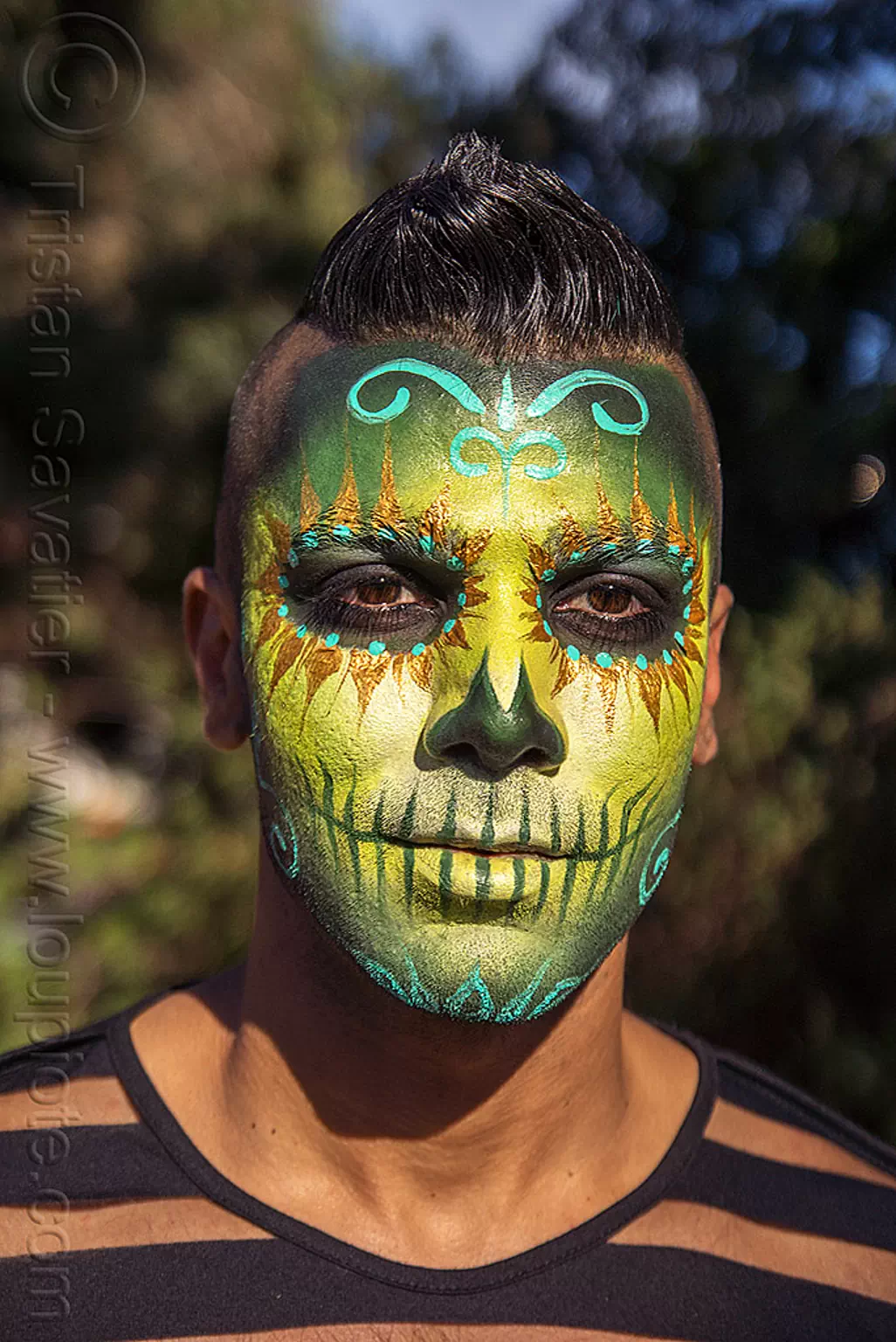 suliman nawid - green sugar skull makeup, day of the dead, dia de los muertos, face painting, facepaint, halloween, man, sugar skull makeup, suliman nawid