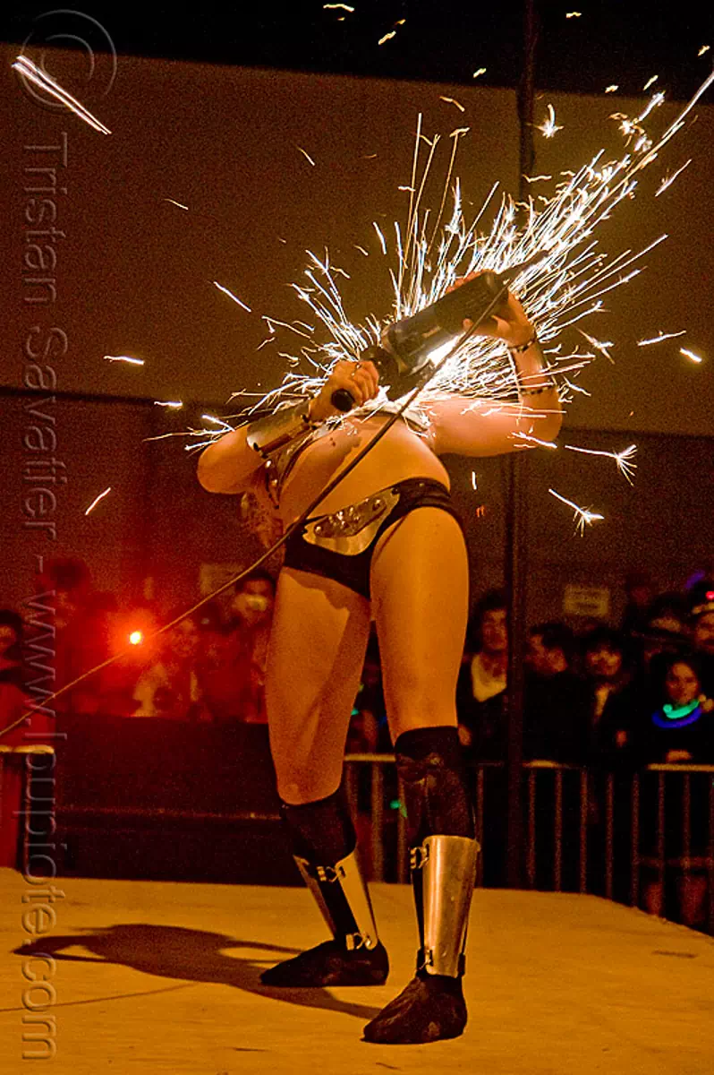 tammy firefly - burning man decompression 2009 (san francisco), firefly, grinder, metal grinding, sparks