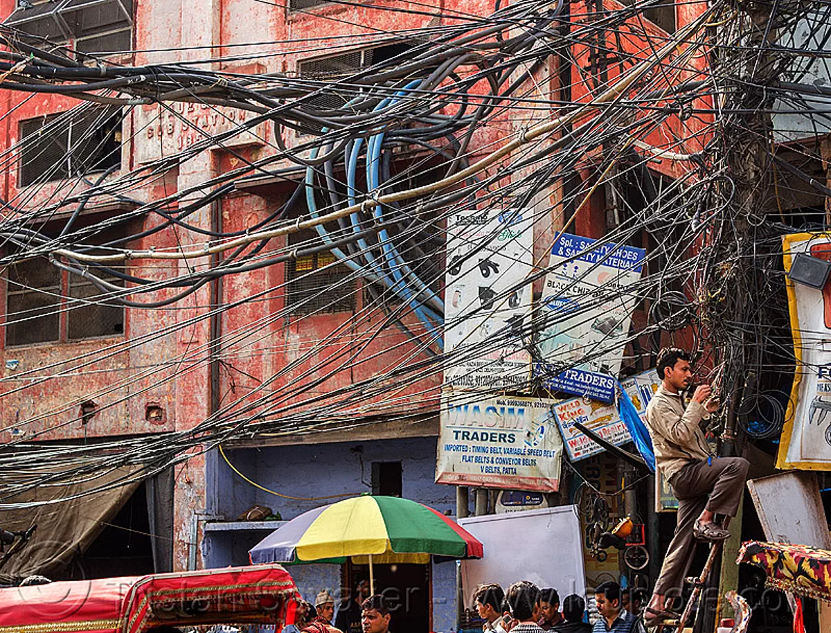 tangled power lines, messy electric wiring in street, india | Posters