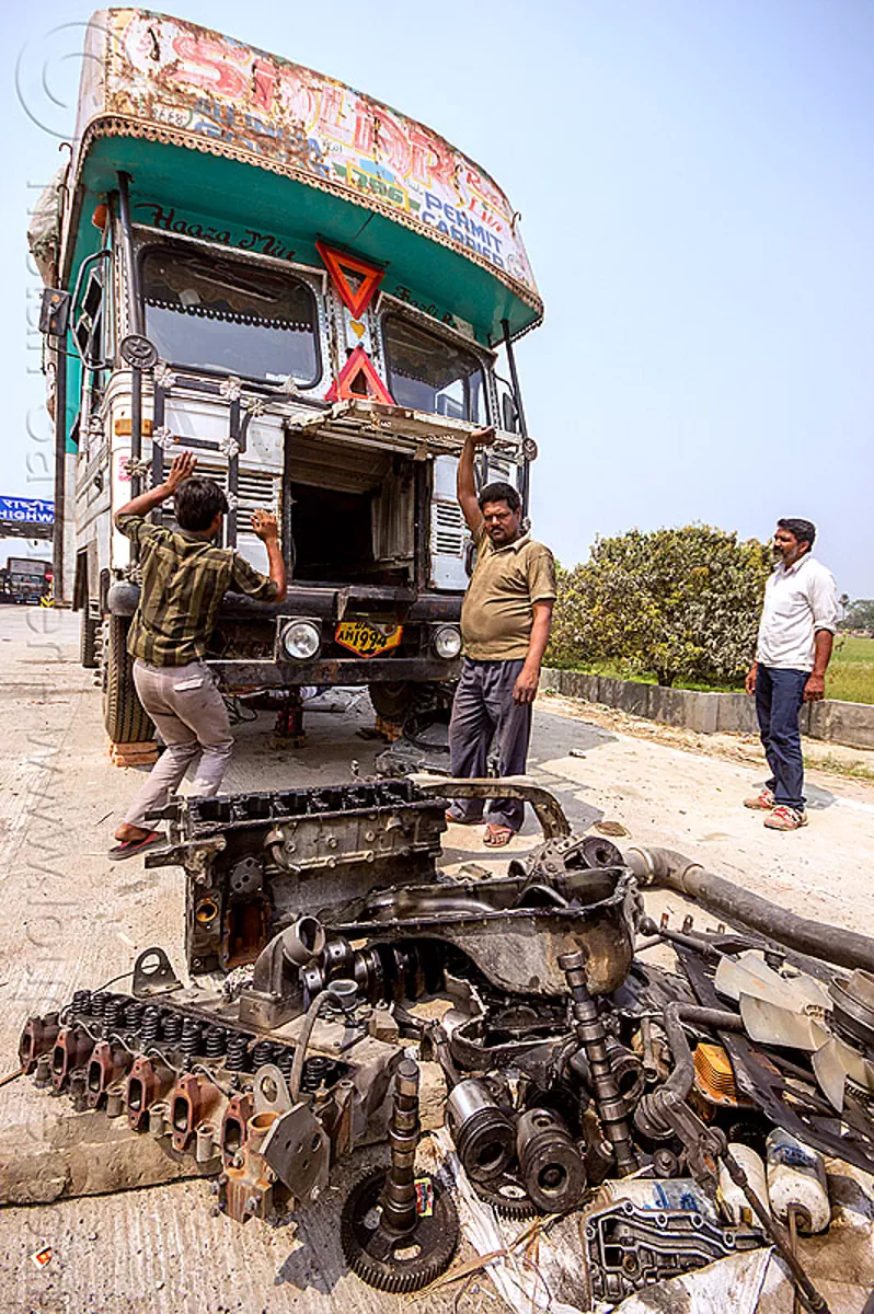 TATA truck with disassembled engine (india), disassembled, engine, fixing, lorry, mechanic, men, motor, parts, repairing, road, tata motors, truck drivers, truckers