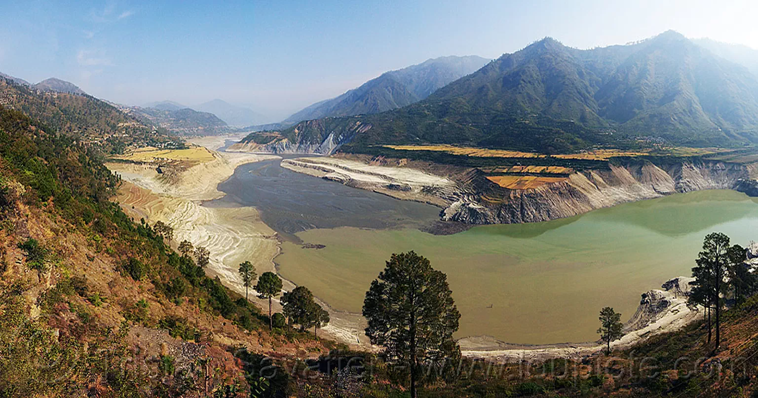 tehri reservoir - bhagirathi valley (india), artificial lake, bhagirathi river, bhagirathi valley, india, mountains, reservoir, river bed, tehri lake