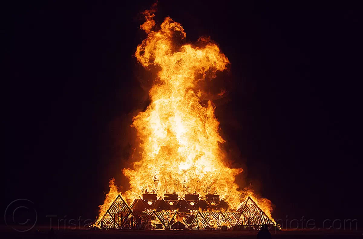 the temple fire - burning man 2013, burning man, fire, night, temple of whollyness, wooden pyramid
