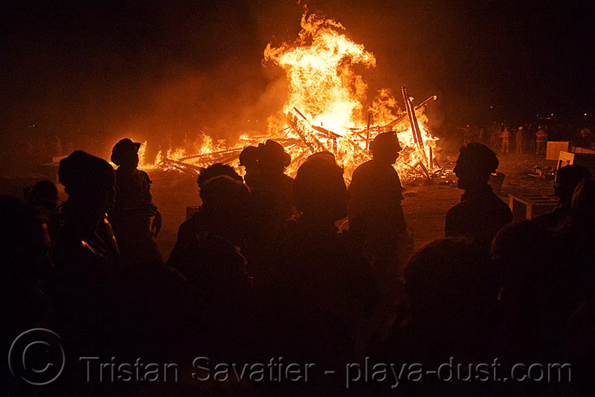 the man burns - burning man 2008, backlight, burning man, crowd, fire, night of the burn, the man