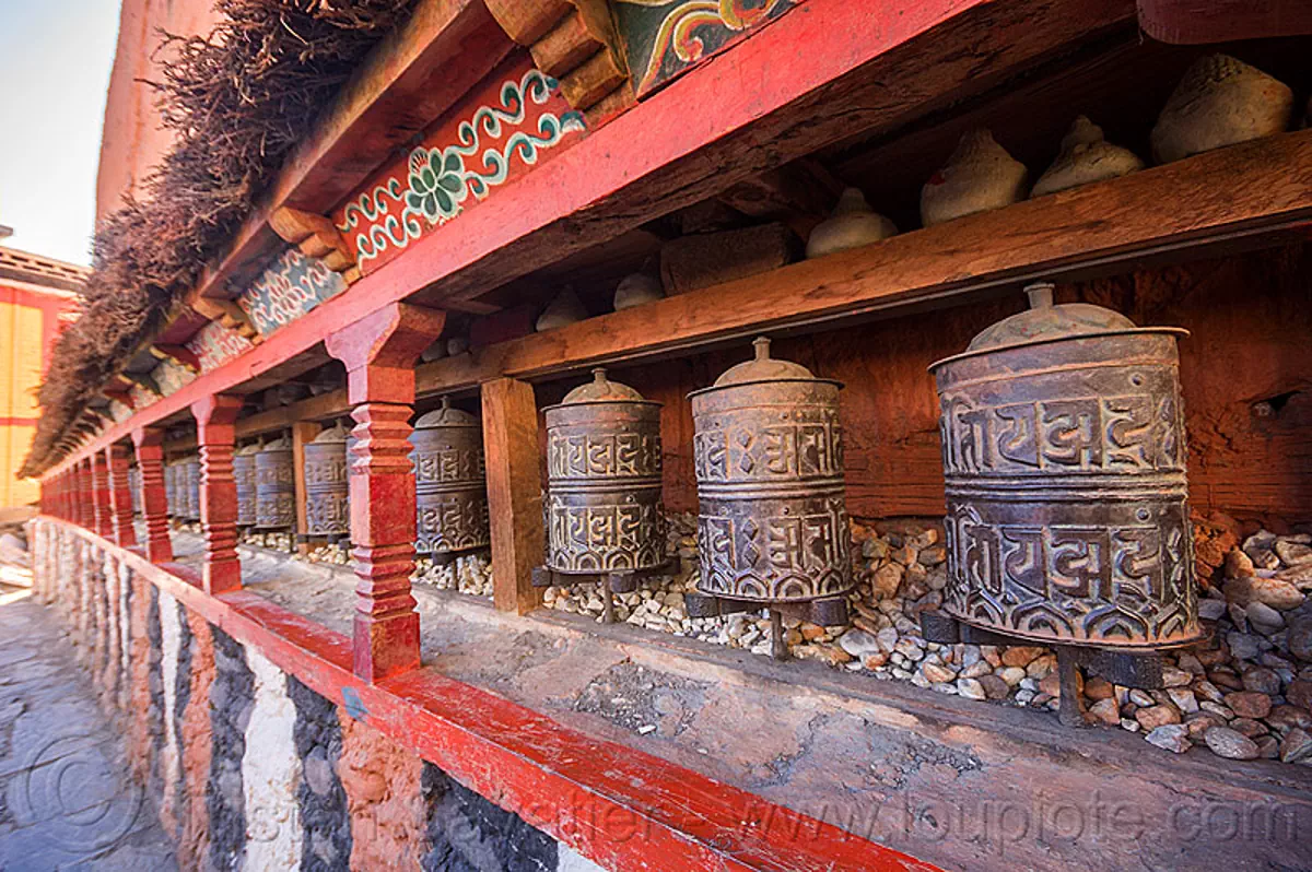 tibetan prayer wheels, kagbeni gompa, tibetan buddhist monastery, nepal