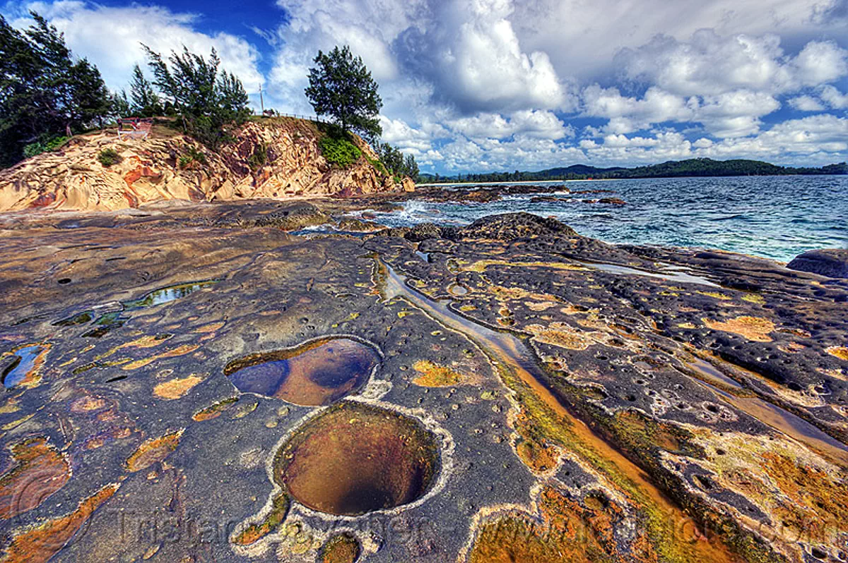 tide pools - tanjung simpang mengayau (northern tip of borneo), cape, clouds, eroded, malaysia, rock, rocky, sandstone, seashore, tanjung simpang mengayau, tide pools, tip of borneo, trees