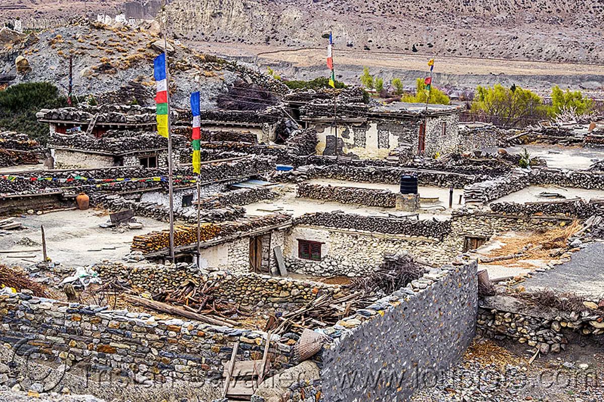 traditional stone houses in mountain village - annapurnas - himalayas (nepal), annapurnas, houses, kali gandaki valley, mountains, prayer flags, tibetan, village
