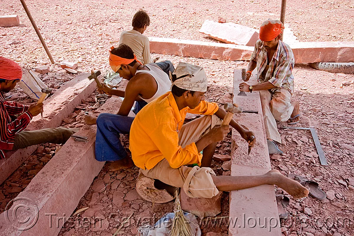 traditional stonemasons at work - palace restoration (india), india, mandav, mandu, men, stonecarvers, stonemasons, workers, working