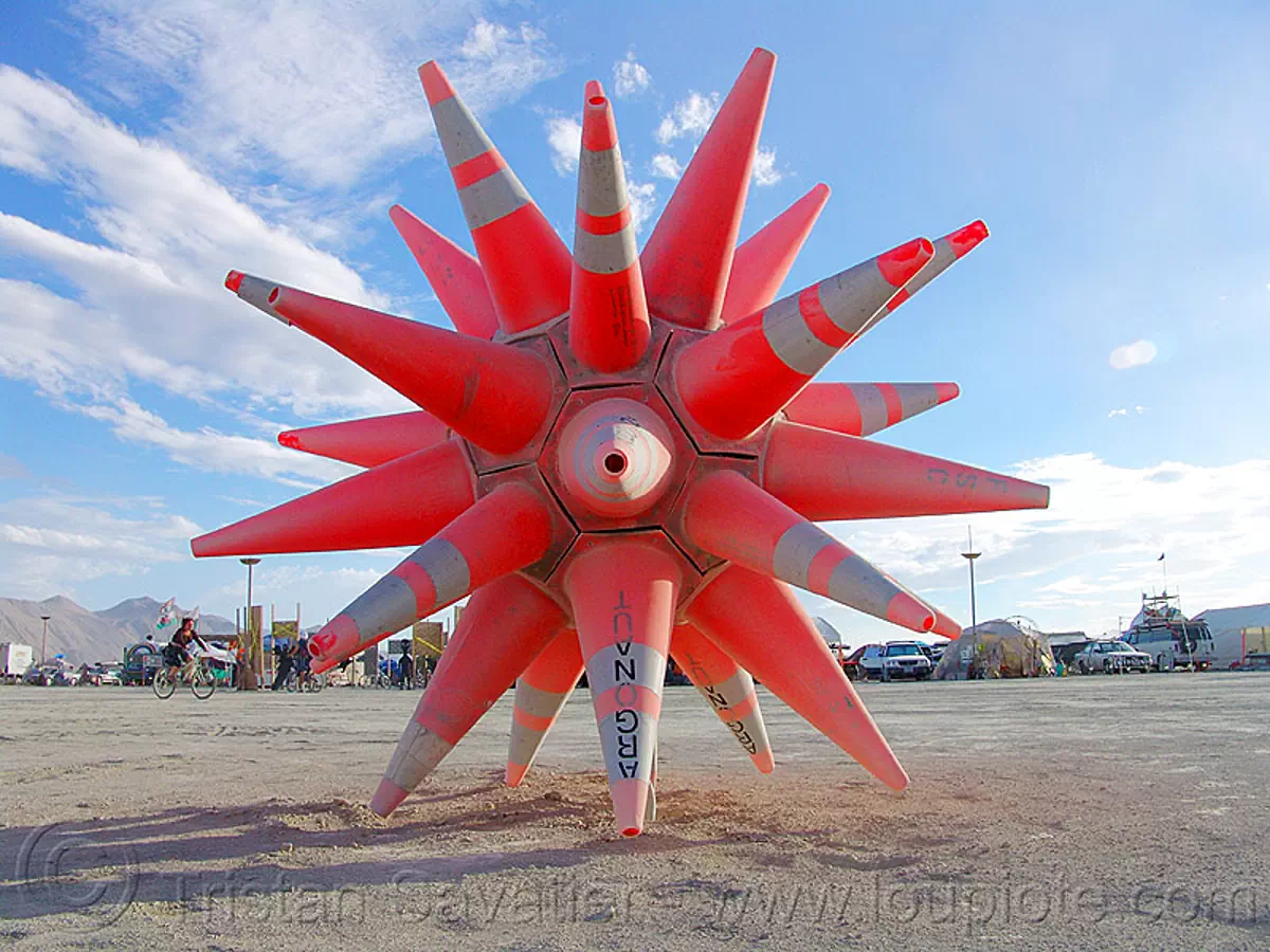 traffic cones star - cone camp satellite - burning man 2004, argonaut, art installation, burning man, cone camp, road cones, spiky, star shaped, traffic cones