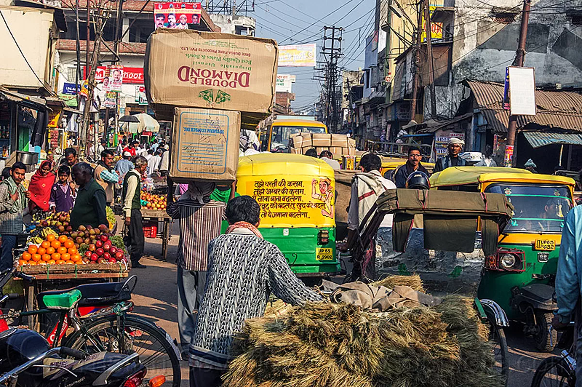 traffic jam on busy market street, india