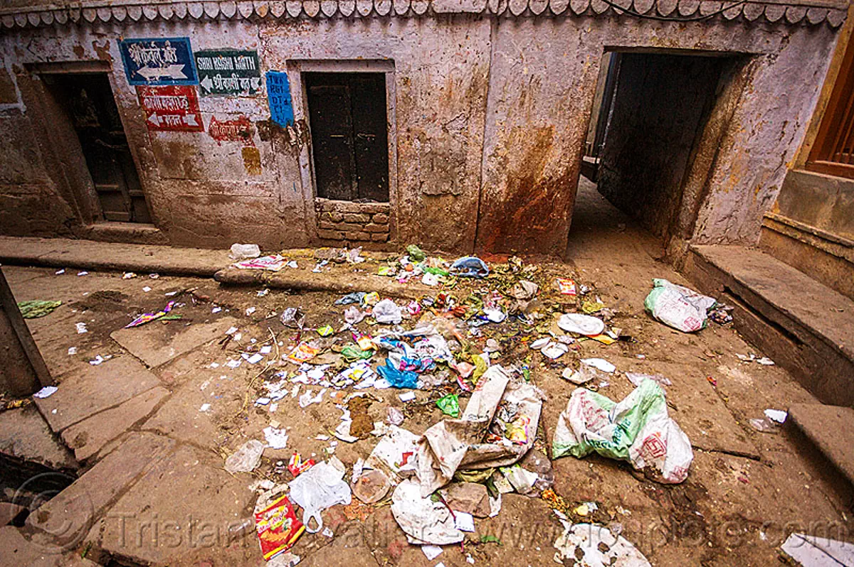 trash in street (india), garbage, single use plastics, trash, varanasi