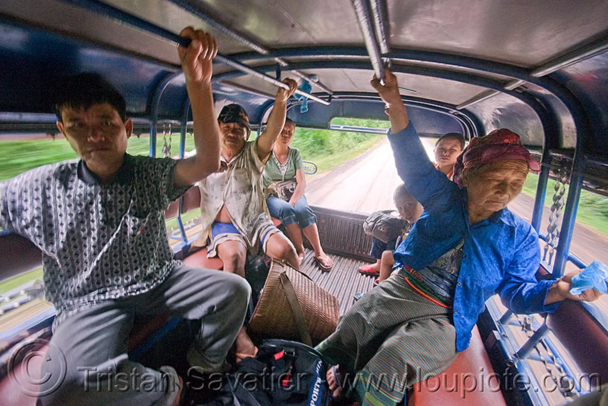 travelling in a sawngthaew (laos), laos, lorry, old woman, passengers, pickup, road, songthaew, taxi, truck