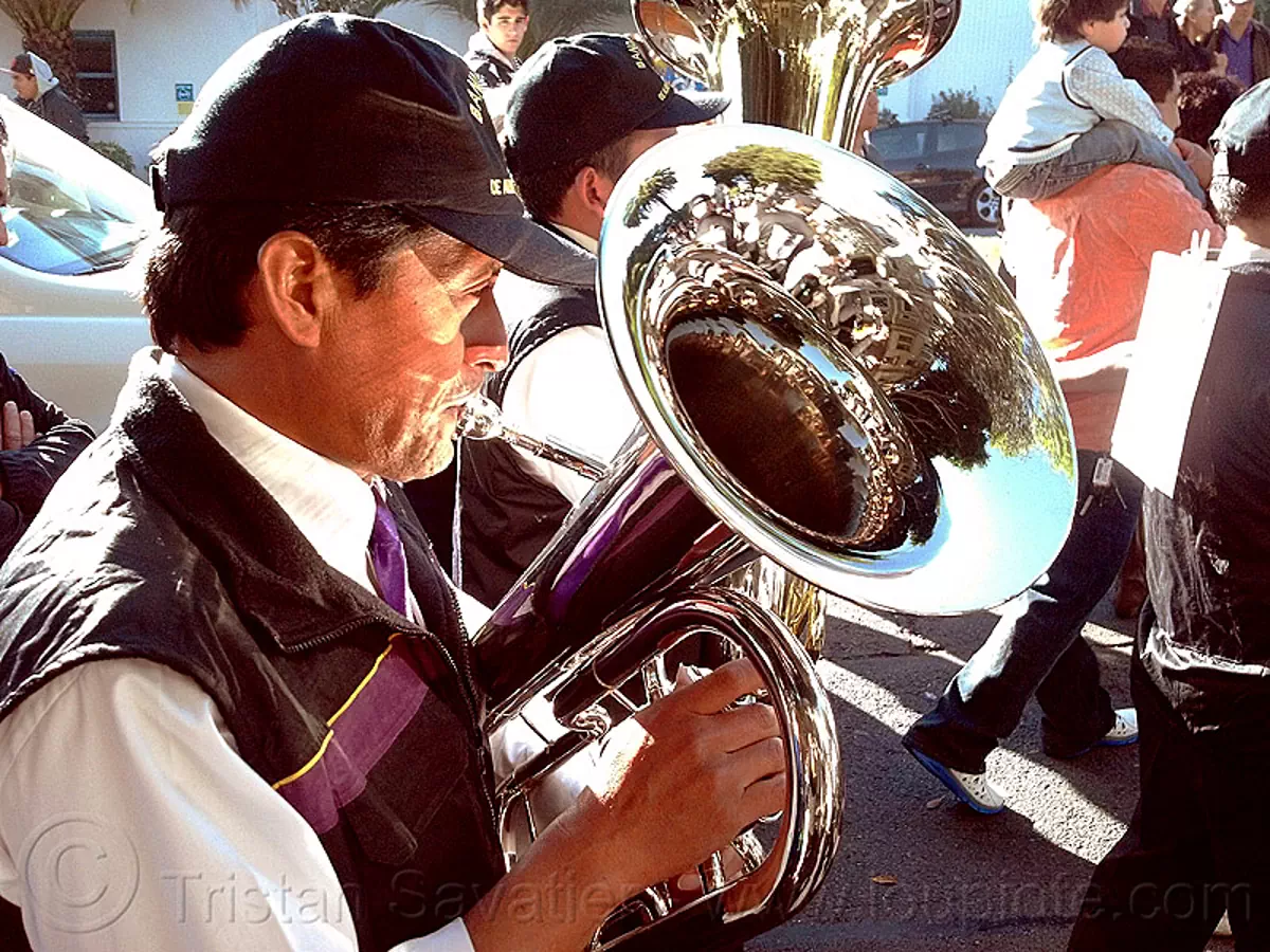 tuba player in brass band, brass band, crowd, lord of miracles, man, marching band, music, musical instrument, musician, parade, peruvians, playing, señor de los milagros, tuba player