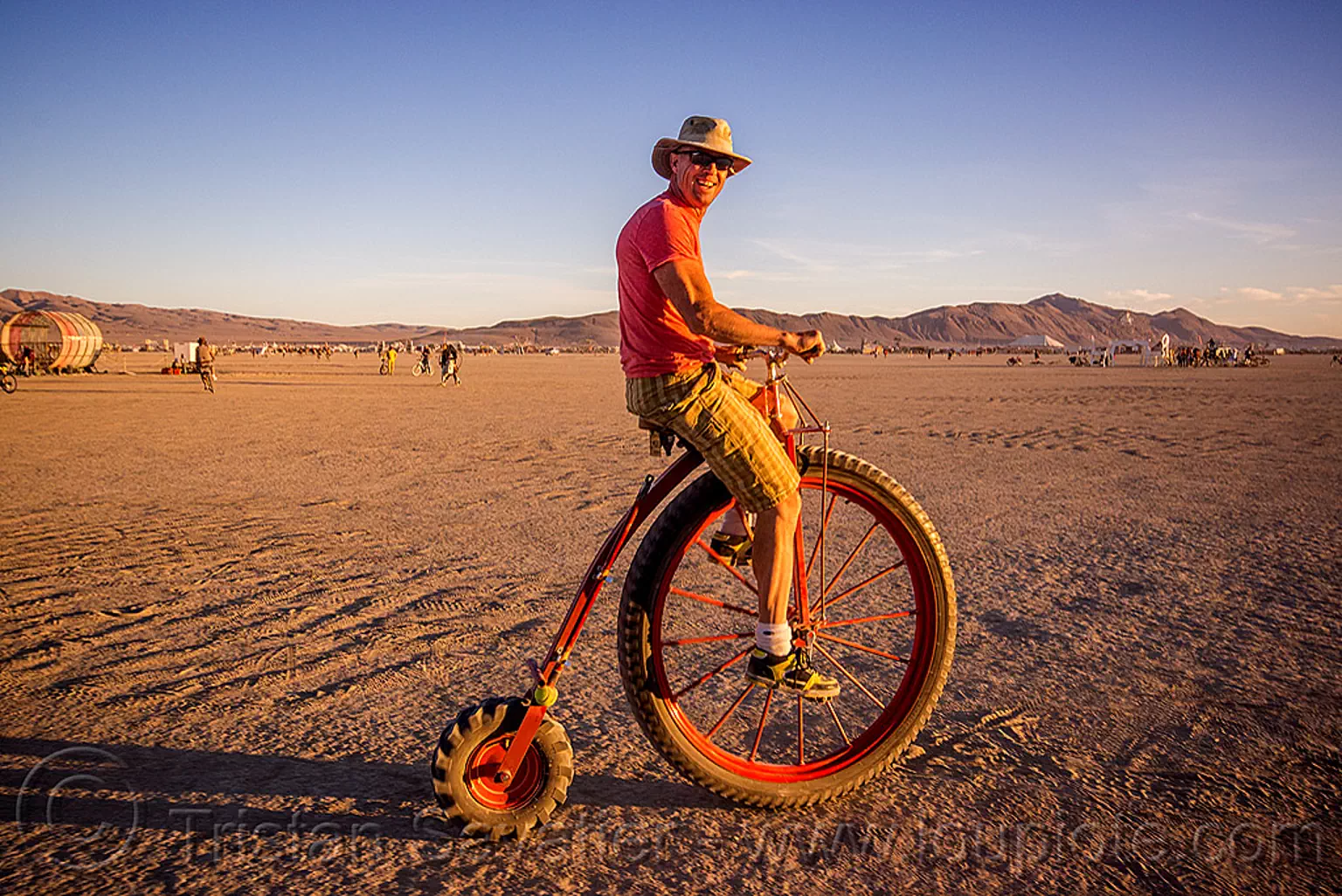 velocipede with off-road tires - burning man 2015, bicycle, bike, burning man, hat, riding, tires, velocipede