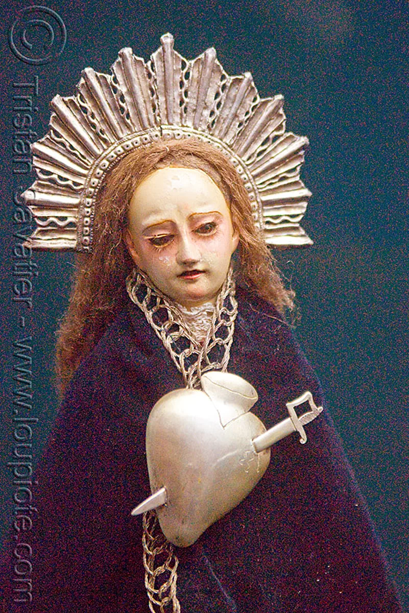 virgin mary with pierced silver heart, bolivia, casa de la moneda, casa nacional de moneda, dagger, madonna, pierced, potosí, sacred art, silver, statue, sword, virgin mary