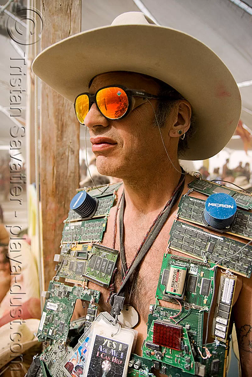 wired burner - brillig - burning man 2008, brillig, burning man, circuits, cowboy hat, sunglasses