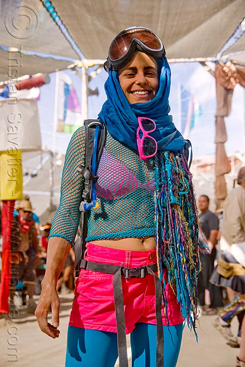 woman in pink and blue at the center camp cafe - burning man 2009, blue, burning man, goggles, pink, woman