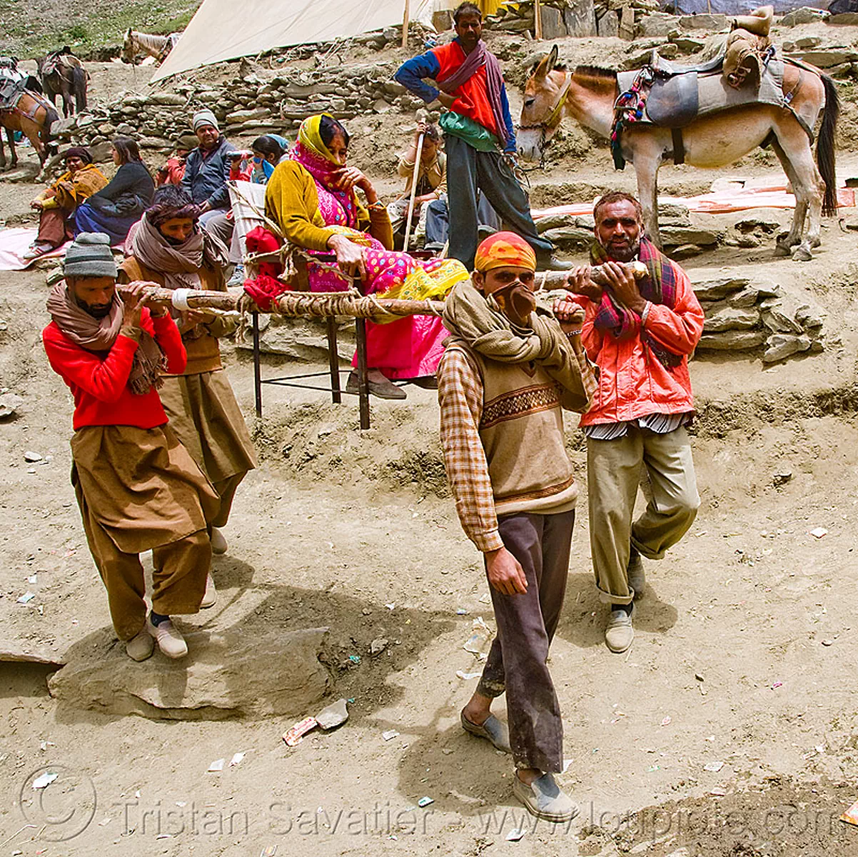 woman pilgrim on dandi / doli (chair carried by 4 porters), amarnath