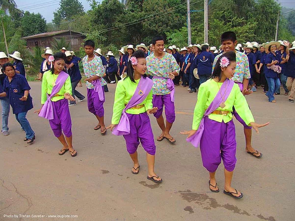 women dancing in the street - festival - thailand, costumes, sukhothai, thailand