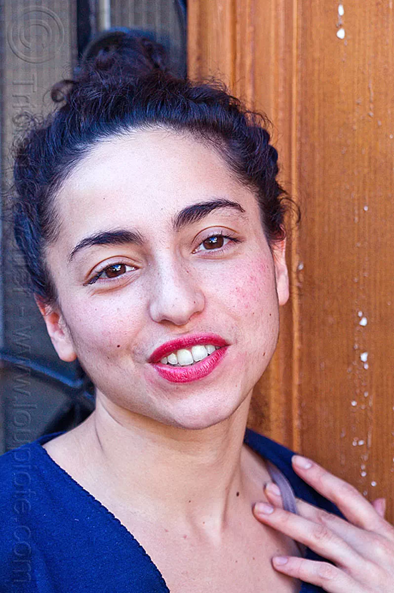 young italian woman portrait - face, brunette, curly hair, dilve, door window, house door, italian woman, long hair, paris, red lipstick