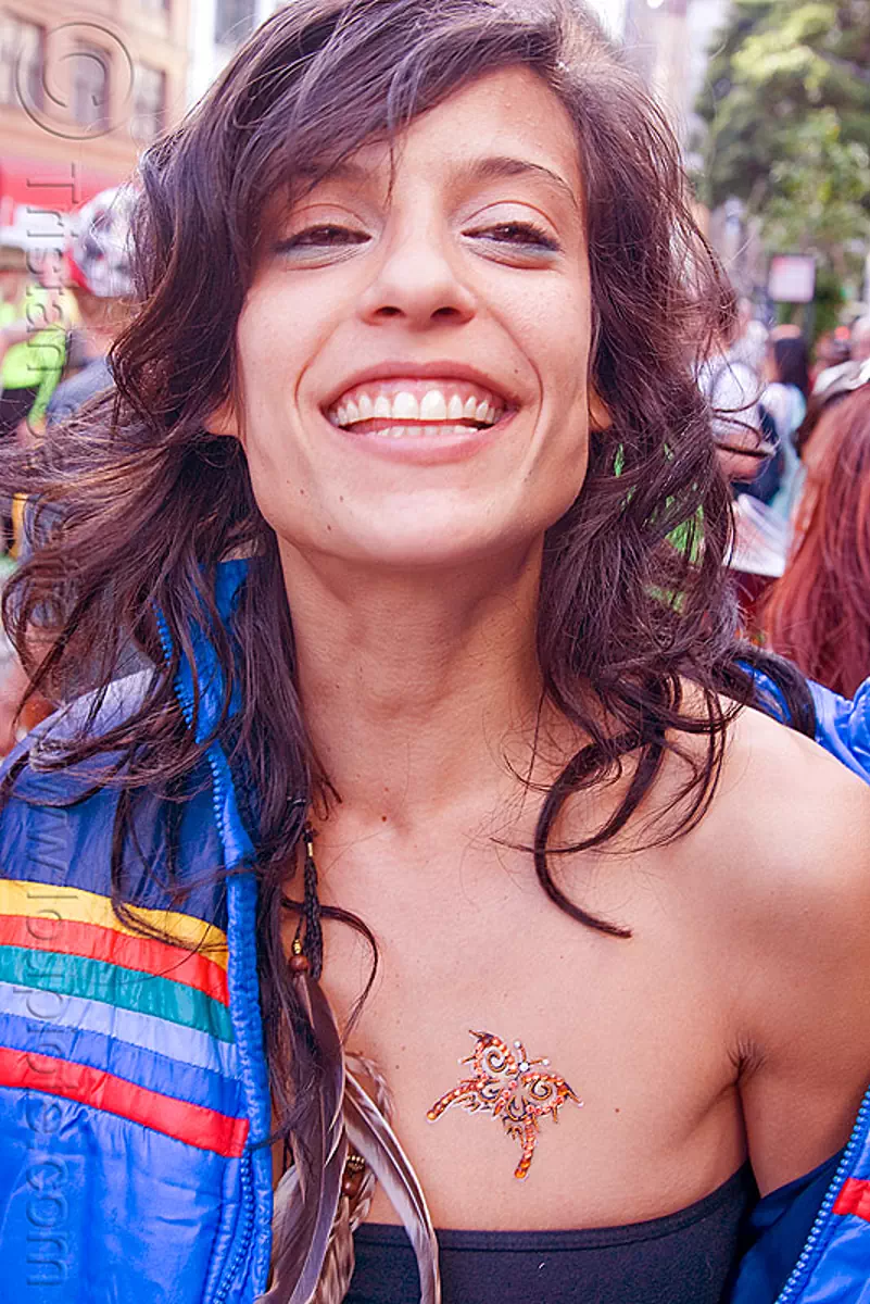 young woman with beautiful smile - how weird street fair (san francisco), adi, breast tattoo, butterfly tattoo, tattooed, tattoos, woman