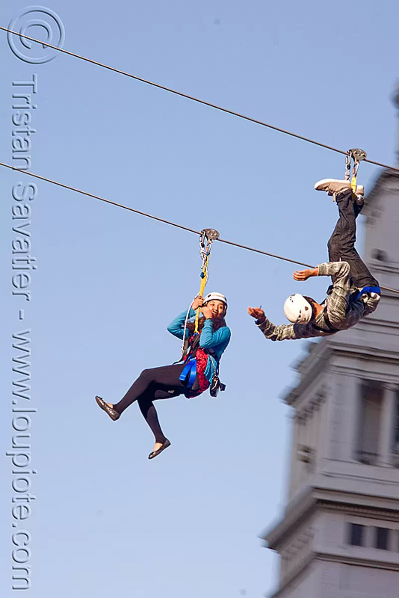 zip-line over san francisco, adventure, blue sky, cable line, cables, campanil, climbing helmet, clock tower, embarcadero tower, ferry building, hanging, mountaineering, moving fast, speed, steel cable, trolley, tyrolienne, upside-down, urban, zip line, zip wire