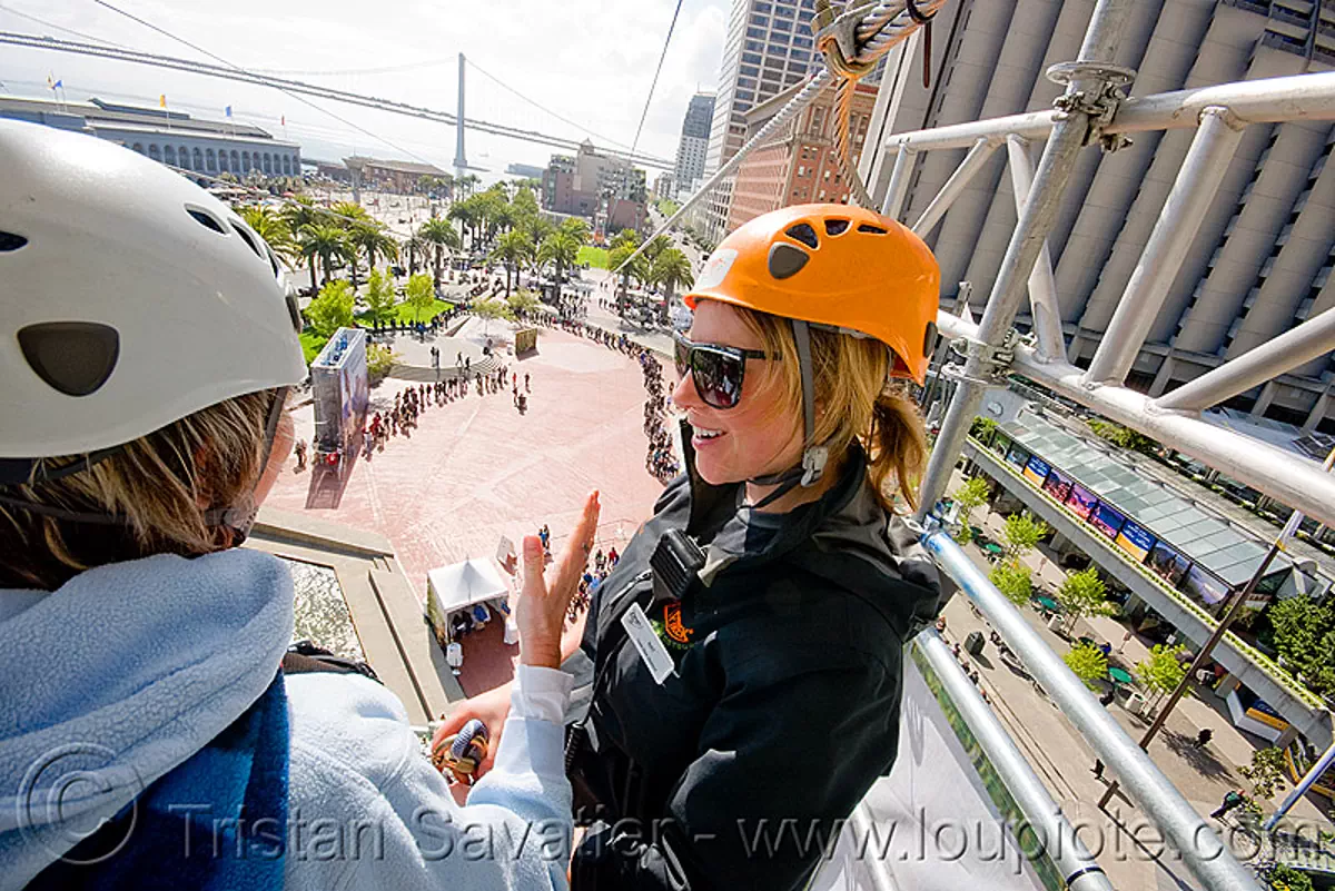 zip-line over san francisco, adventure, cable line, cables, climbing helmet, embarcadero, hanging, mountaineering, nat, steel cable, tower, trolley, ty, tyrolienne, urban, zip line, zip wire