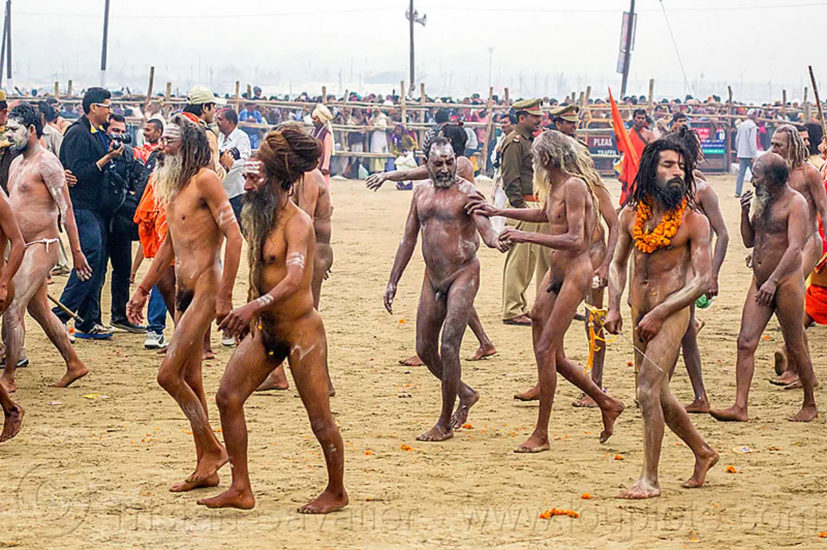Naked Hindu Devotees Walking towards the Ganges River - Kumbh Mela (India)