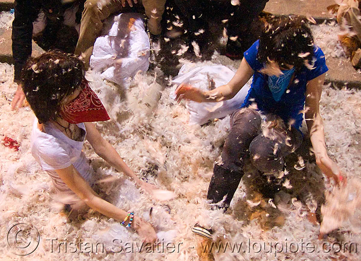 Two Girls in the Feathers - the Great San Francisco Pillow Fight 2009 -  Olivia, image size:1200x867