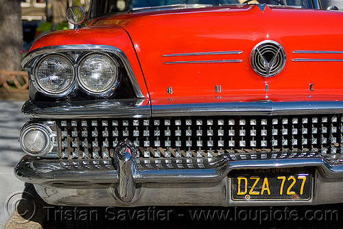 1958 buick special coupe - red - grid (san francisco), 1958, automobile, buick special, classic car, coupe, front, grid, headlight, red