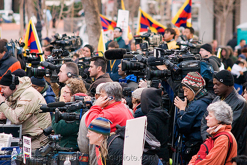 a lot of news media with video cameras at the free tibet / anti-china protests (san francisco), anti-china, candle lights for human rights, cia, flags, free tibet, journalists, news media, press, propaganda, protests, rally, tibetan independence, tv, video cameras