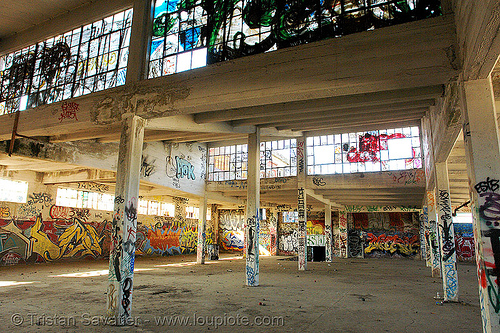 abandoned factory (san francisco), derelict, graffiti piece, street art, tie's warehouse, trespassing