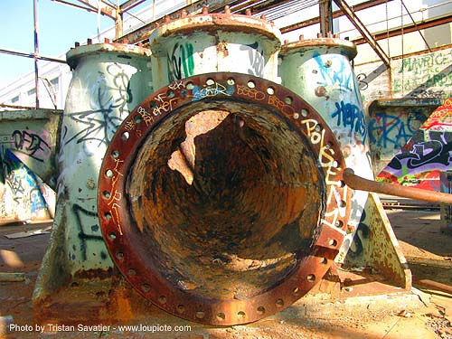 abandoned industrial area (san francisco), trespassing, turbine manifold