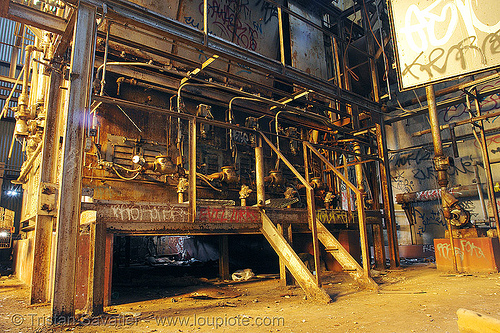 abandoned industrial furnace, derelict, furnace, graffiti, pipes, rusty, street art, tie's warehouse, trespassing