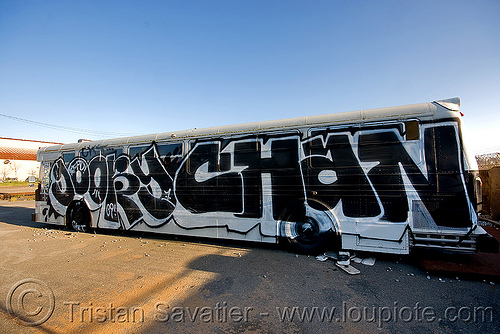 abandoned sfpd police bus with graffiti (san francisco), autobus, goory chan, gory chan, graffiti, junkyard, no trespassing, san francisco police department, sfpd bus, street art