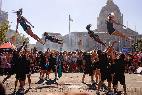 acrobatics - cheer leaders, acrobatics, cheer leaders, crowd, gay pride festival